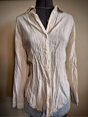 H&M Linen Cream Ivory White Striped Button Down Shirt XS